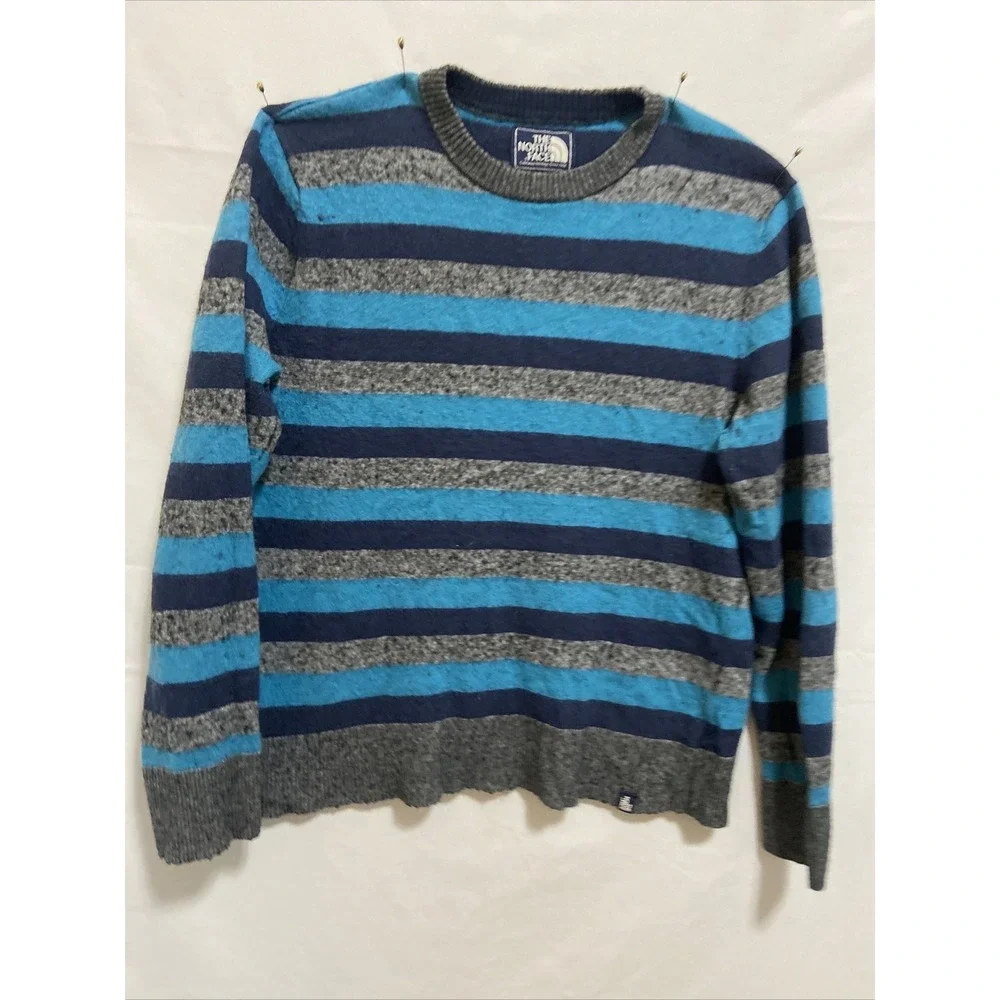 North Face Men's Crewneck Sweater Long Sleeve Size Large‎ Blue Gray Stripe